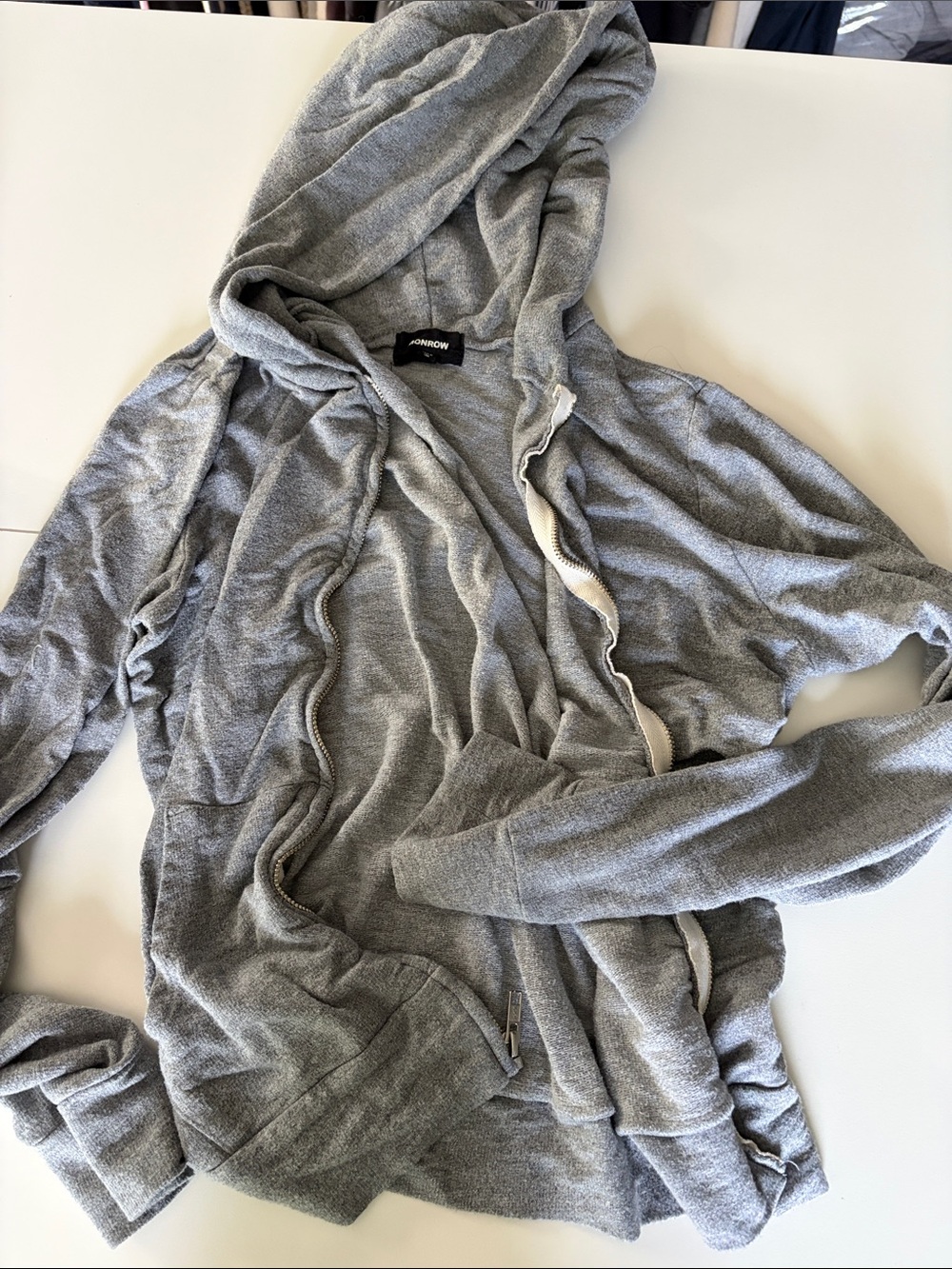 Monrow Gray Hooded Zip Sweatshirt